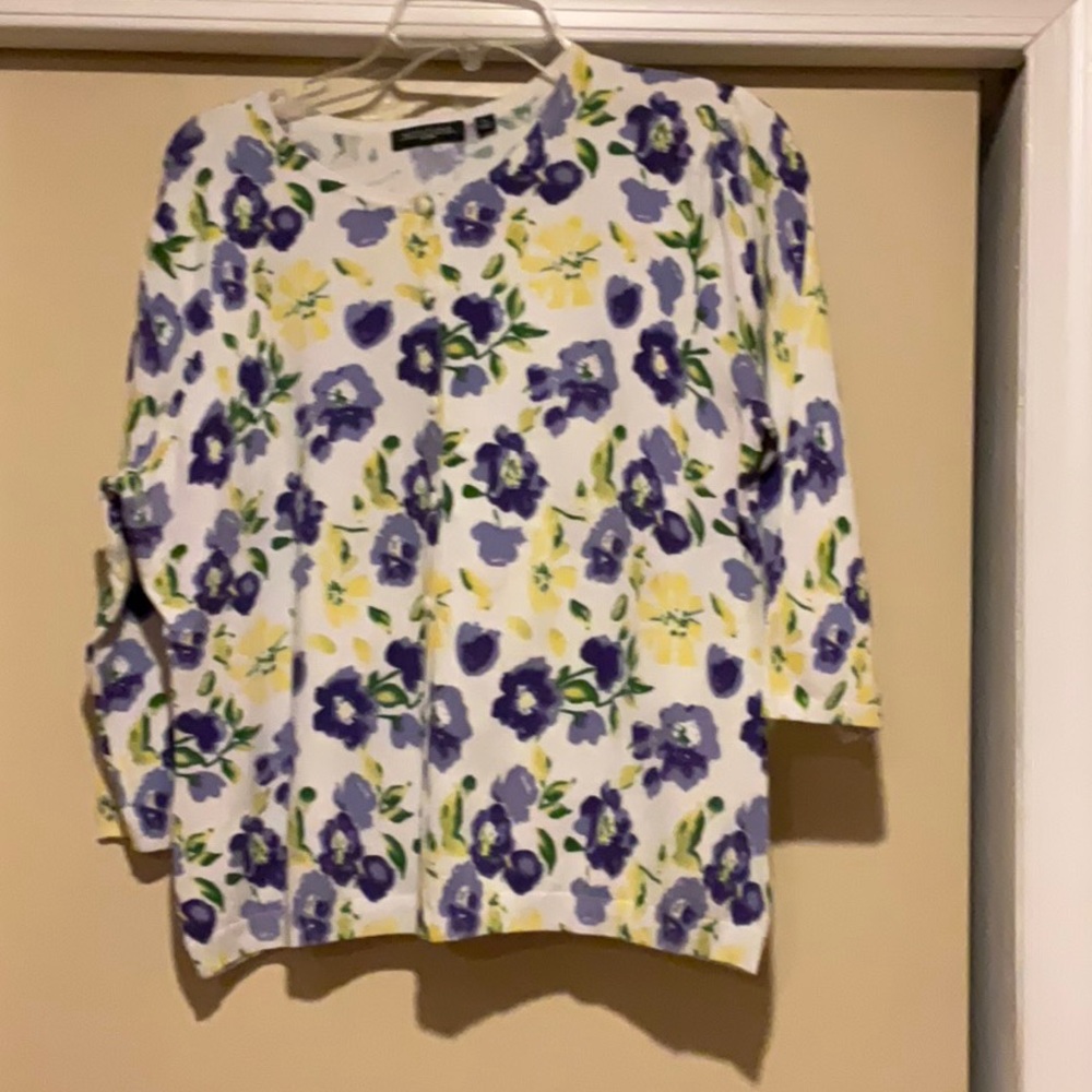 Notations Petite large purple & yellow flowers three quarter sleeve cardigan